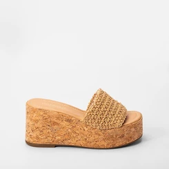 Tamanco Feminino Gabriela Plataforma Cortiça Tira Larga Ráfia Caramelo