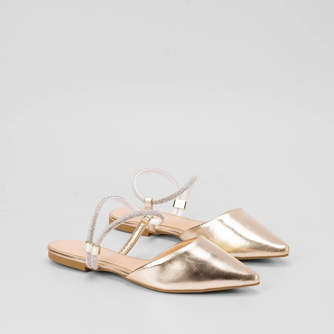 Sapatilha Slingback Feminina Gabriela Tira Strass Metalizada Ouro