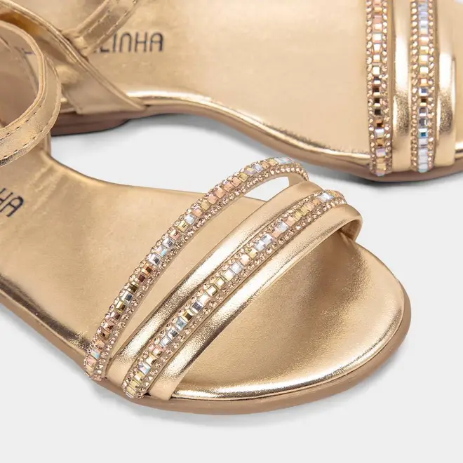 Sandália Rasteira Infantil Gabrielinha Metalizada Detalhe Strass Ouro