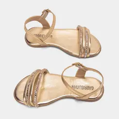 Sandália Rasteira Infantil Gabrielinha Metalizada Detalhe Strass Ouro