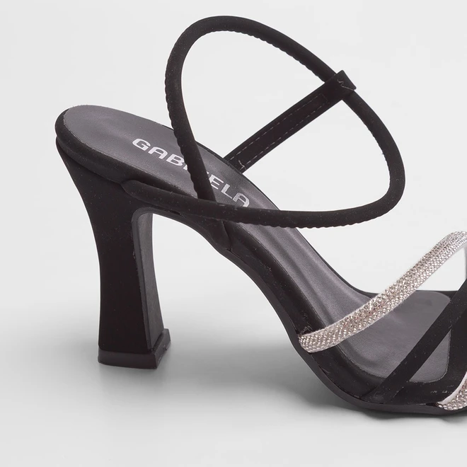 Sandália Gabriela Salto Flare Tiras Strass Preto