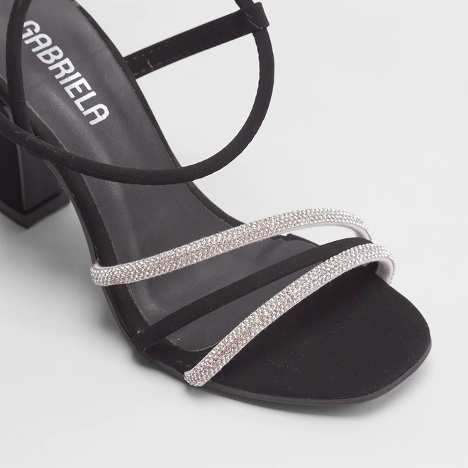 Sandália Gabriela Salto Flare Tiras Strass Preto