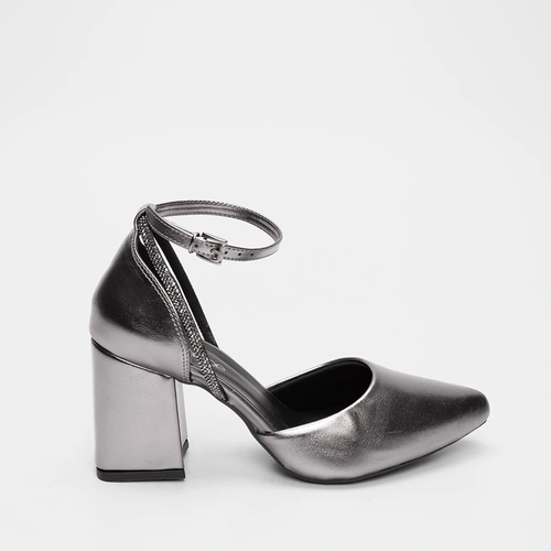 Scarpin Penélope Tira Strass Metalizado Grafite