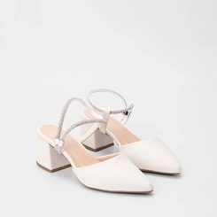 Scarpin Slingback Feminino Penélope Salto Geométrico Tira Strass Off White