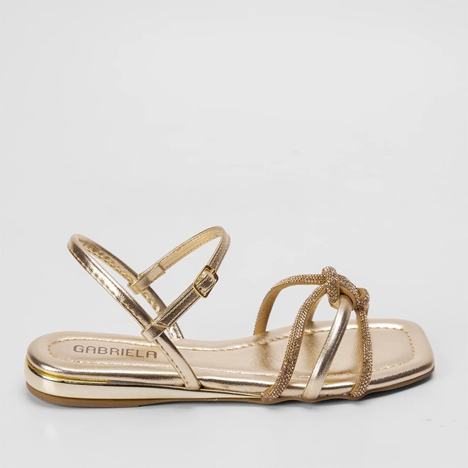 Sandália Rasteira Gabriela Tiras Strass & Nó Dourado
