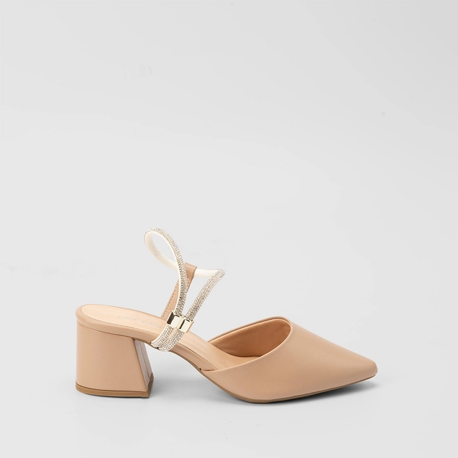 Scarpin Slingback Feminino Penélope Salto Geométrico Tira Strass Bege