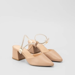Scarpin Slingback Feminino Penélope Salto Geométrico Tira Strass Bege