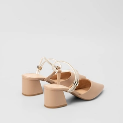 Scarpin Slingback Feminino Penélope Salto Geométrico Tira Strass Bege