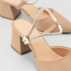 Scarpin Slingback Feminino Penélope Salto Geométrico Tira Strass Bege