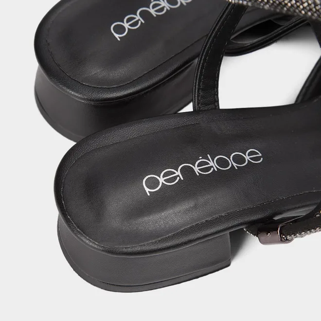 Scarpin Slingback Feminino Penélope Salto Geométrico Baixo Tira Strass Preto