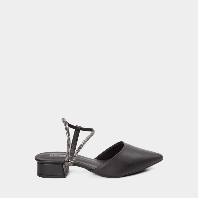 Scarpin Slingback Feminino Penélope Salto Geométrico Baixo Tira Strass Preto