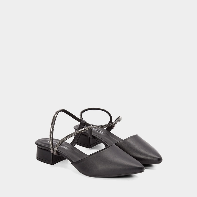 Scarpin Slingback Feminino Penélope Salto Geométrico Baixo Tira Strass Preto