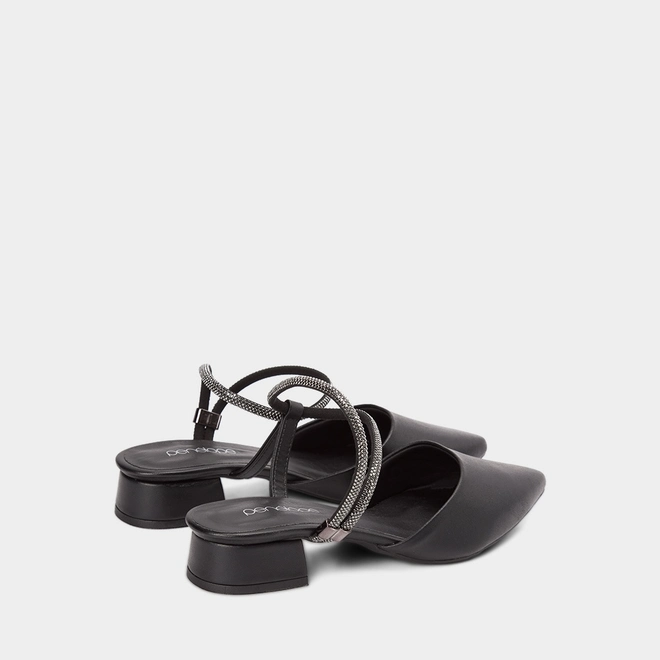 Scarpin Slingback Feminino Penélope Salto Geométrico Baixo Tira Strass Preto