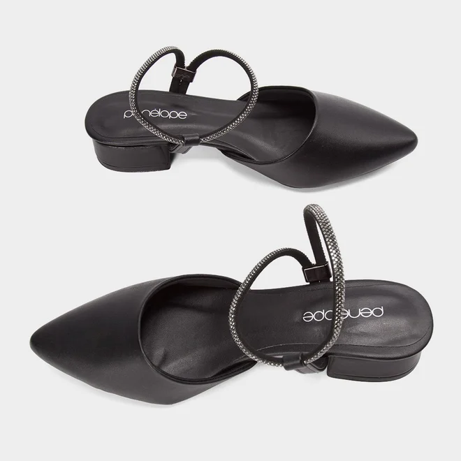 Scarpin Slingback Feminino Penélope Salto Geométrico Baixo Tira Strass Preto