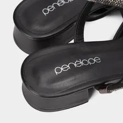 Scarpin Slingback Feminino Penélope Salto Geométrico Baixo Tira Strass Preto