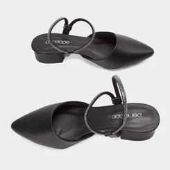 Scarpin Slingback Feminino Penélope Salto Geométrico Baixo Tira Strass Preto