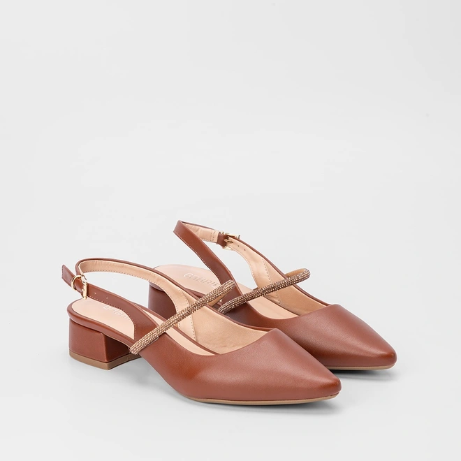 Scarpin Slingback Feminino Gabriela Detalhe Tira Strass Caramelo
