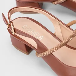 Scarpin Slingback Feminino Gabriela Detalhe Tira Strass Caramelo