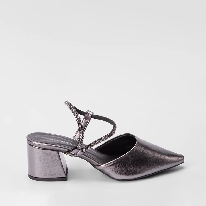 Scarpin Slingback Feminino Penélope Salto Geométrico Tira Strass Metalizada Preto