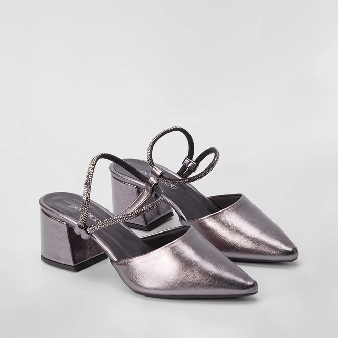 Scarpin Slingback Feminino Penélope Salto Geométrico Tira Strass Metalizada Preto