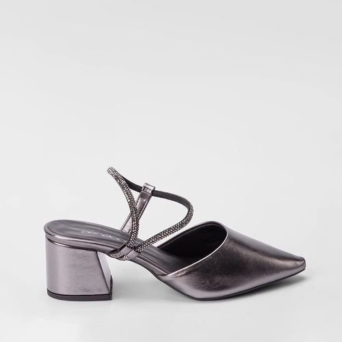 Scarpin Slingback Feminino Penélope Salto Geométrico Tira Strass Metalizada Preto