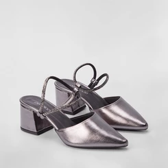 Scarpin Slingback Feminino Penélope Salto Geométrico Tira Strass Metalizada Preto