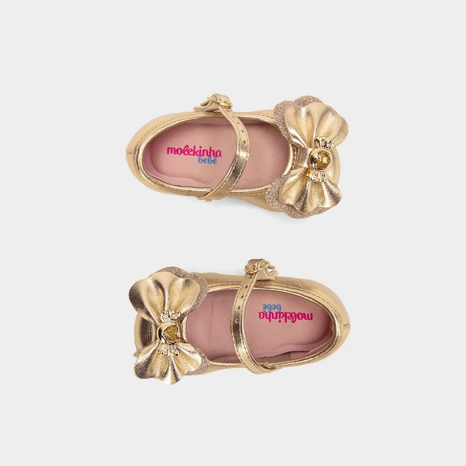 Sapatilha Molekinha Bebê Detalhe Laço Glitter Ouro