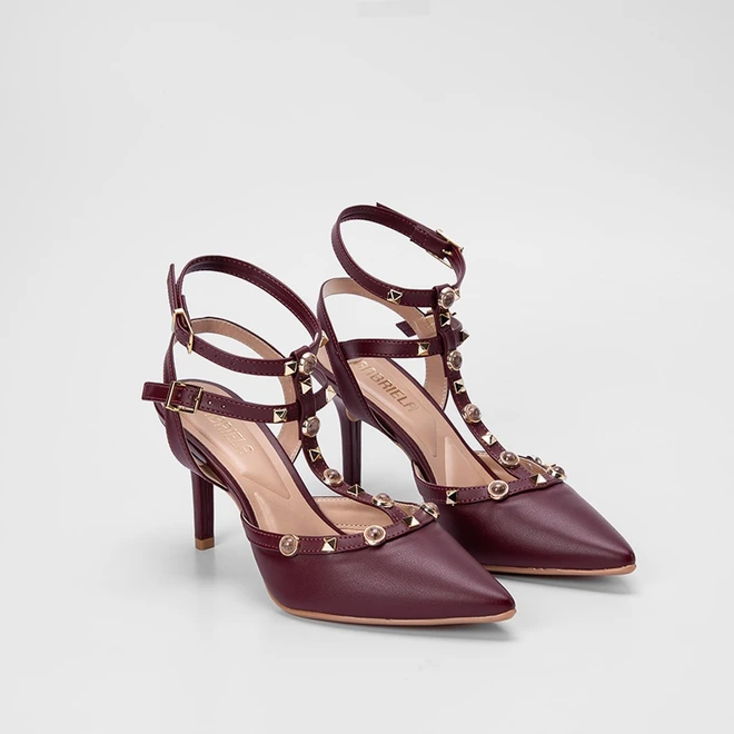 Scarpin Slingback Gabriela Salto Fino Tachas & Pedrarias Vinho