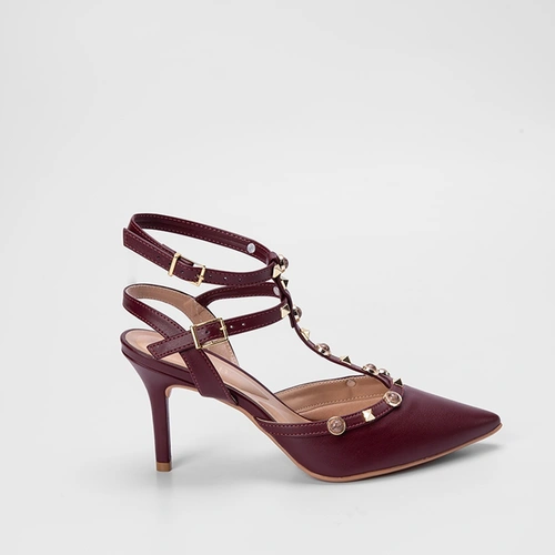 Scarpin Slingback Gabriela Salto Fino Tachas & Pedrarias Vinho