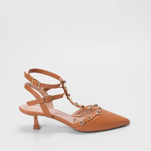 Scarpin Slingback Gabriela Salto Taça Tachas & Pedrarias Caramelo