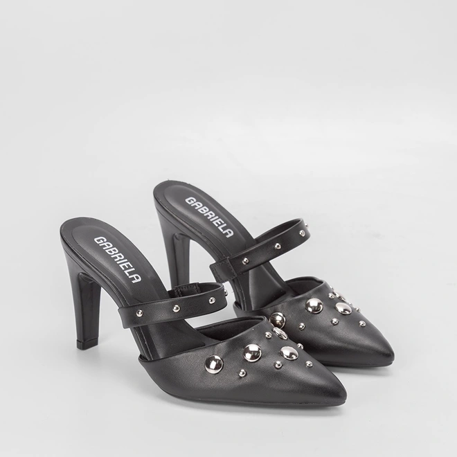 Mule Gabriela Salto Fino Rebites Preto