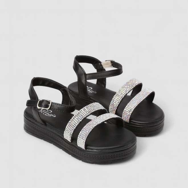 Sandália Feminina Magia Plataforma Strass Multi Tiras Preta