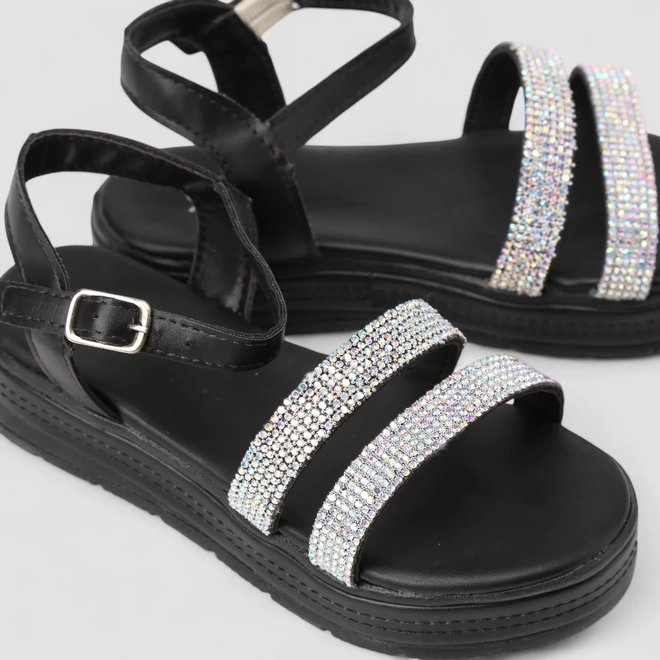 Sandália Feminina Magia Plataforma Strass Multi Tiras Preta