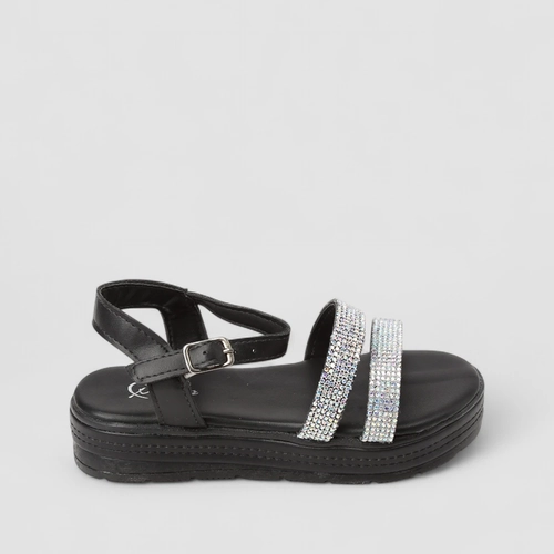 Sandália Feminina Magia Plataforma Strass Multi Tiras Preta