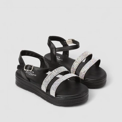 Sandália Feminina Magia Plataforma Strass Multi Tiras Preta