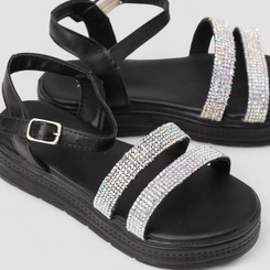 Sandália Feminina Magia Plataforma Strass Multi Tiras Preta