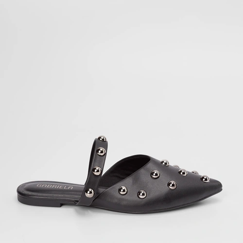 Mule Gabriela Decote Tira & Rebite Preto