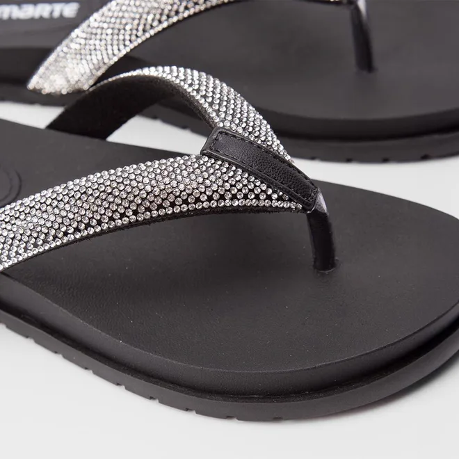Papete Via Marte Tiras de Dedo Strass Preto