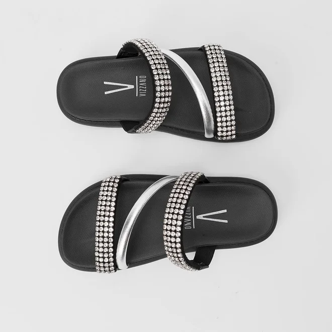 Tamanco Papete Feminino Vizzano Strass Tira Metalizada Preto
