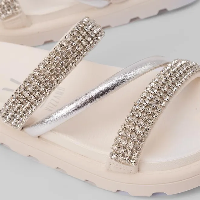 Tamanco Papete Feminino Vizzano Tiras Metalizada & Strass Off White