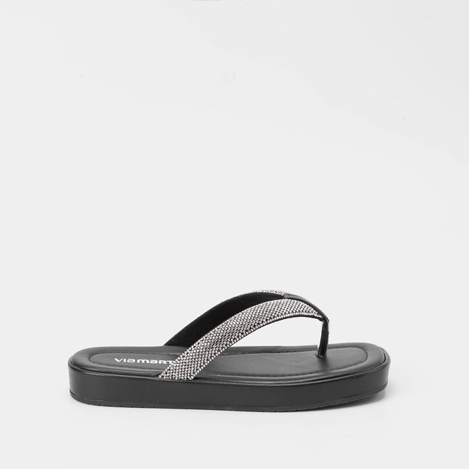 Tamanco Via Marte Flat Tira de Dedo Strass Preto
