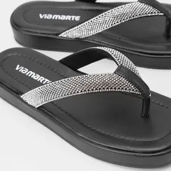 Tamanco Via Marte Flat Tira de Dedo Strass Preto