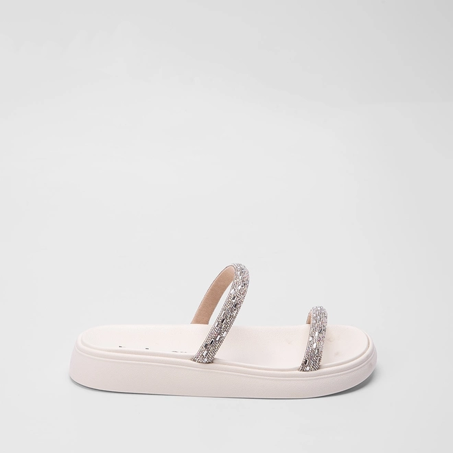 Rasteira Papete Moleca Flat Tiras em Pedraria Off White