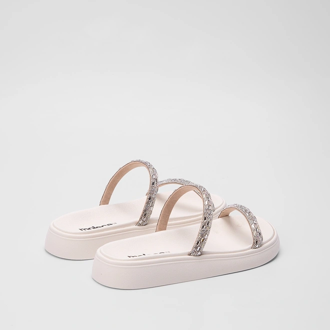 Rasteira Papete Moleca Flat Tiras em Pedraria Off White