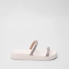 Rasteira Papete Moleca Flat Tiras em Pedraria Off White