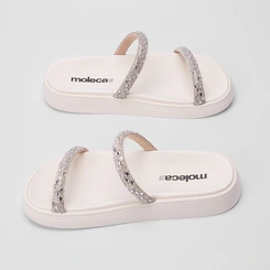 Rasteira Papete Moleca Flat Tiras em Pedraria Off White