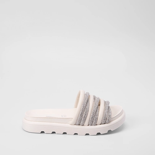 Tamanco Flat Vizzano Tiras Entrelaçadas Strass Branco