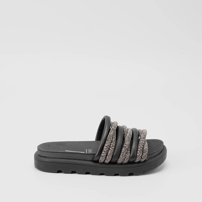 Tamanco Flat Vizzano Tiras Entrelaçadas Strass Preto