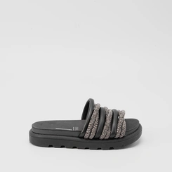 Tamanco Flat Vizzano Tiras Entrelaçadas Strass Preto