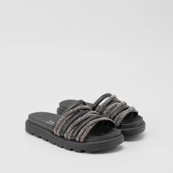 Tamanco Flat Vizzano Tiras Entrelaçadas Strass Preto